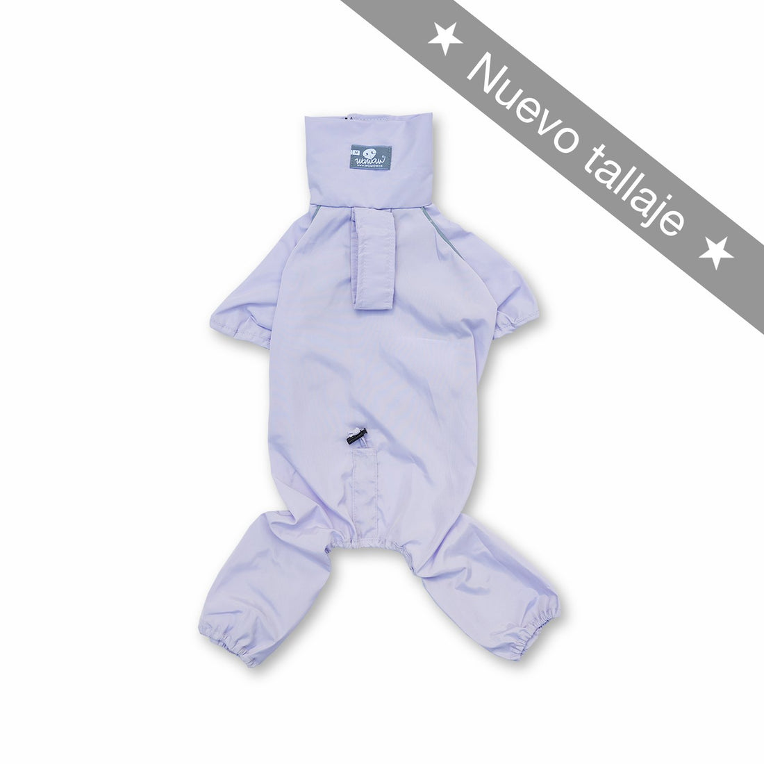 Impermeable 4 patas lila cuello alto Wawaw para mascotas perros y gatos.