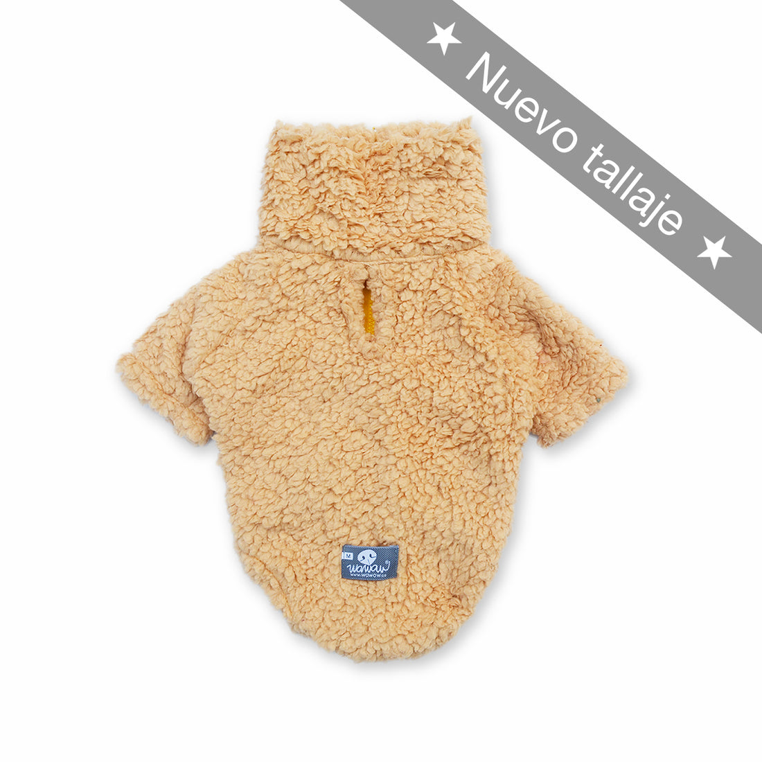 Saco cuello alto borrego camel con cremallera Wawaw para mascotas perros y gatos.