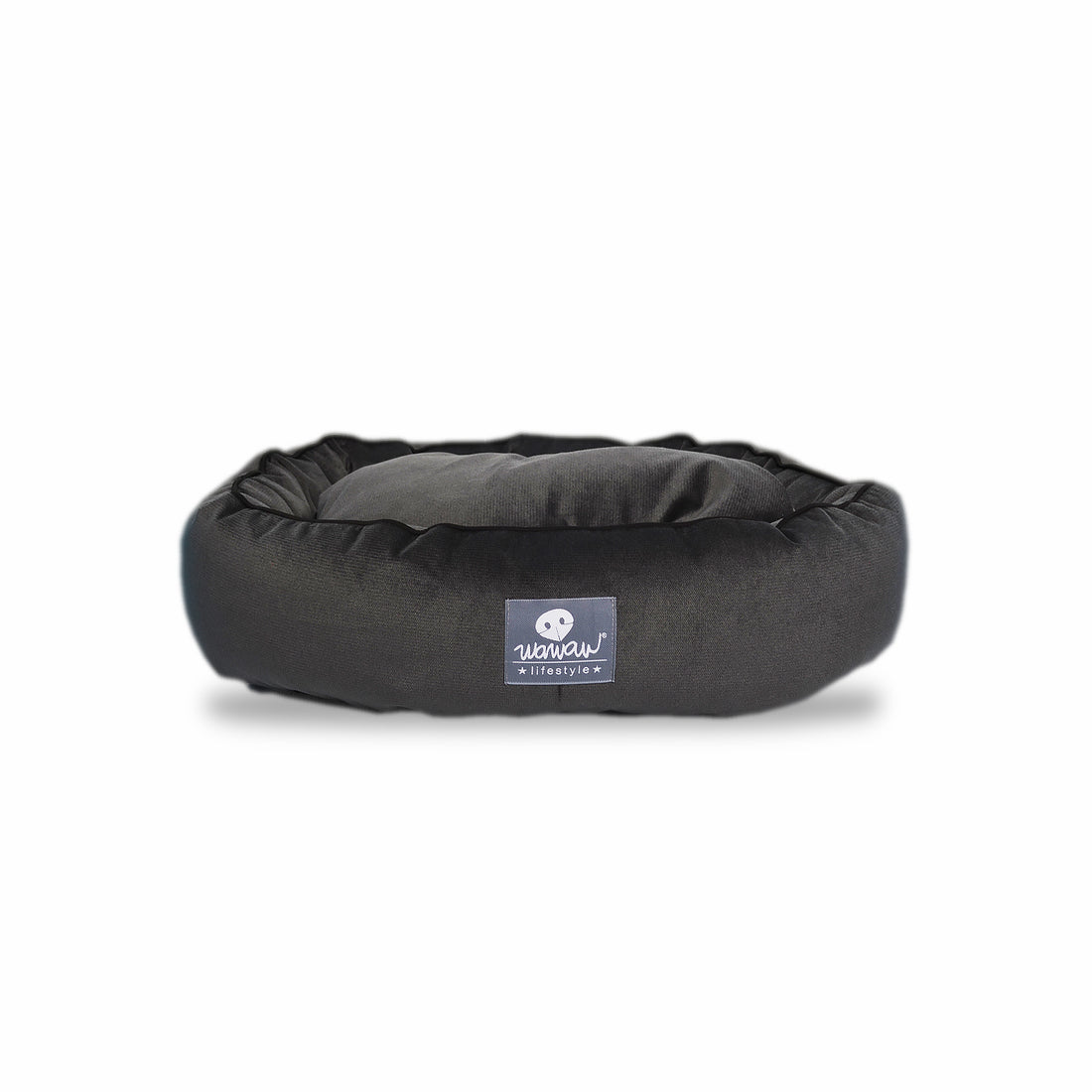 Cama ovalada gris borde negro Wawaw para mascotas perros y gatos.