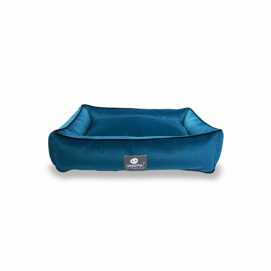 Cama rectangular azul petróleo borde negro Wawaw para mascotas perros y gatos.