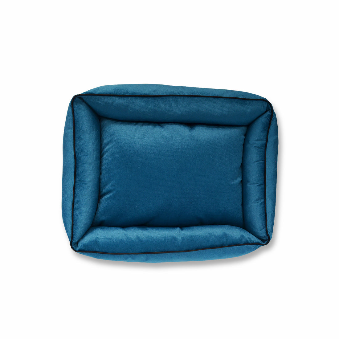 Cama rectangular azul petróleo borde negro Wawaw para mascotas perros y gatos.
