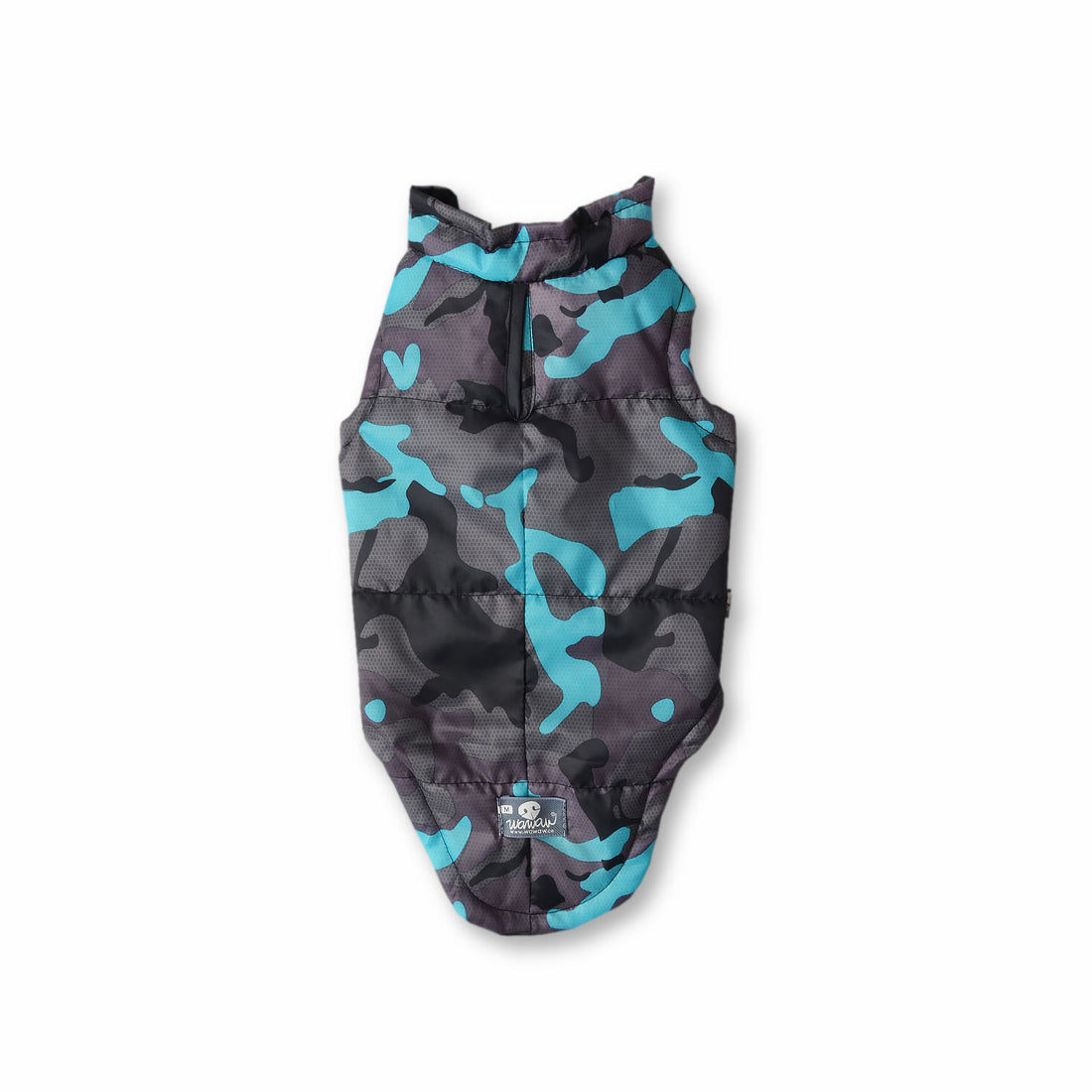 Chaleco largo especial camuflado turquesa Wawaw para mascotas perros y gatos.