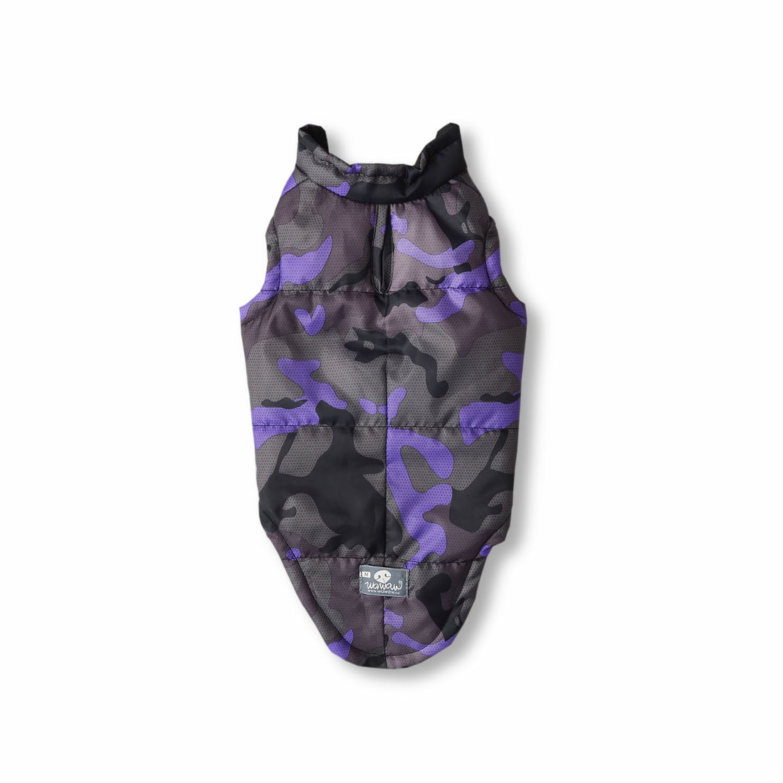 Chaleco largo especial camuflado morado Wawaw para mascotas perros y gatos.