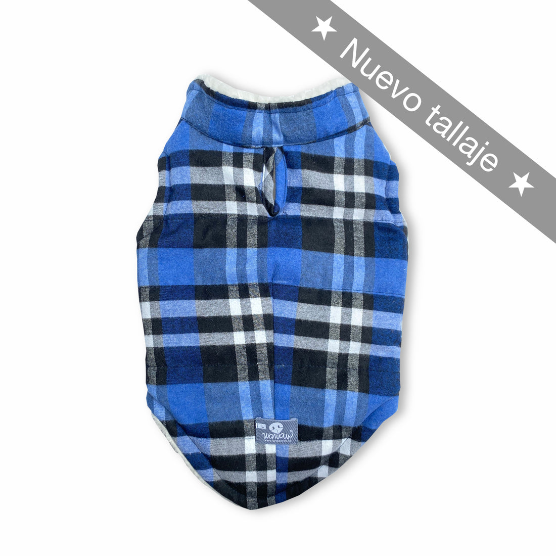 Chaleco leñador azul y negro con cariñosito Wawaw para mascotas perros y gatos.