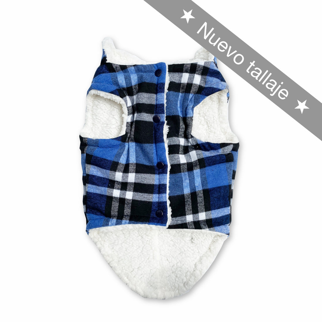 Chaleco leñador azul y negro con cariñosito Wawaw para mascotas perros y gatos.