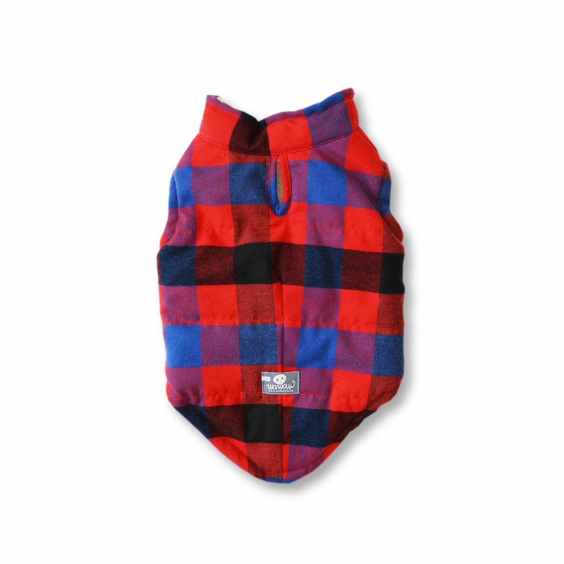 Chaleco leñador rojo y azul cariñosito marfil Wawaw para mascotas perros y gatos.