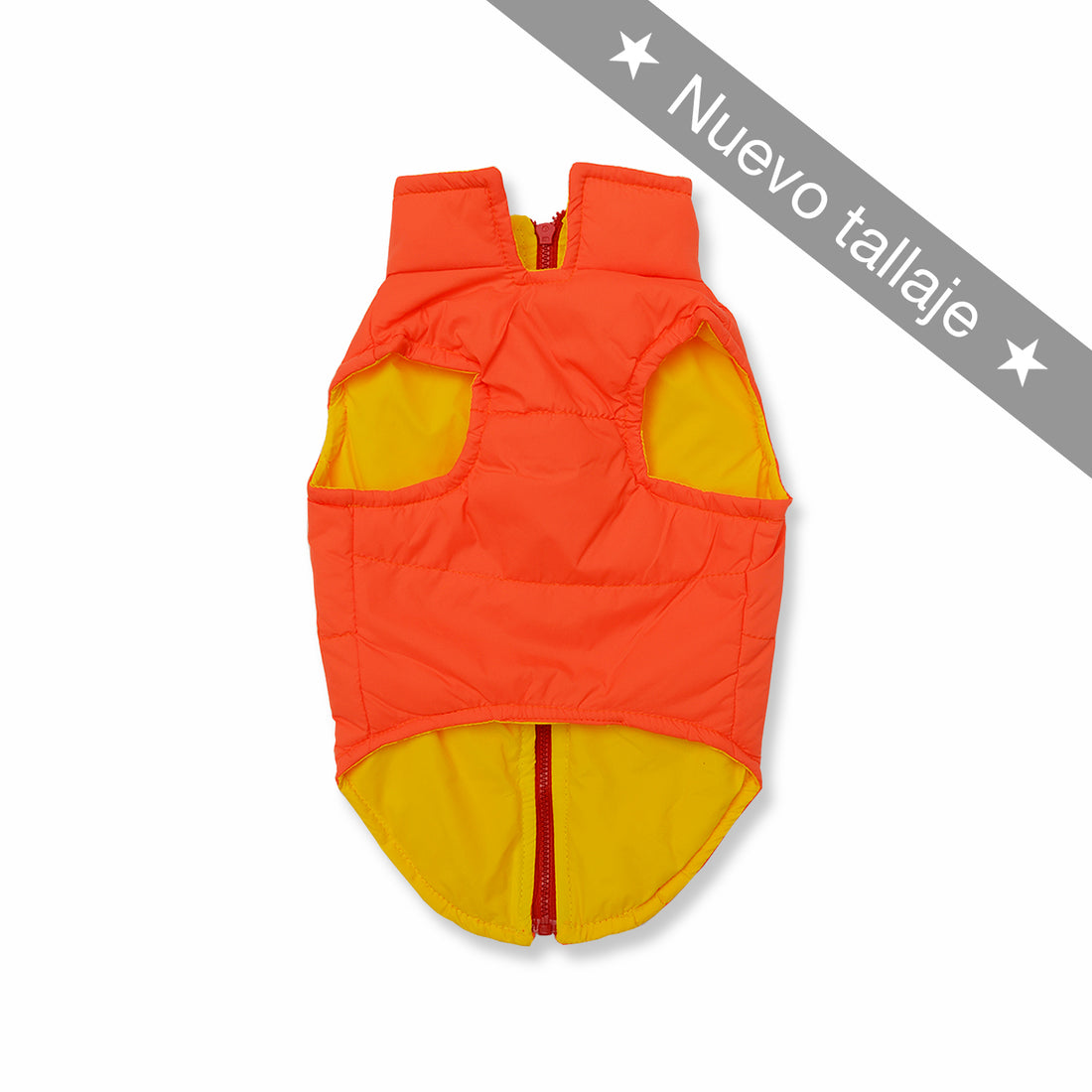 Chaleco naranja forro amarillo cremallera Wawaw para mascotas perros y gatos.