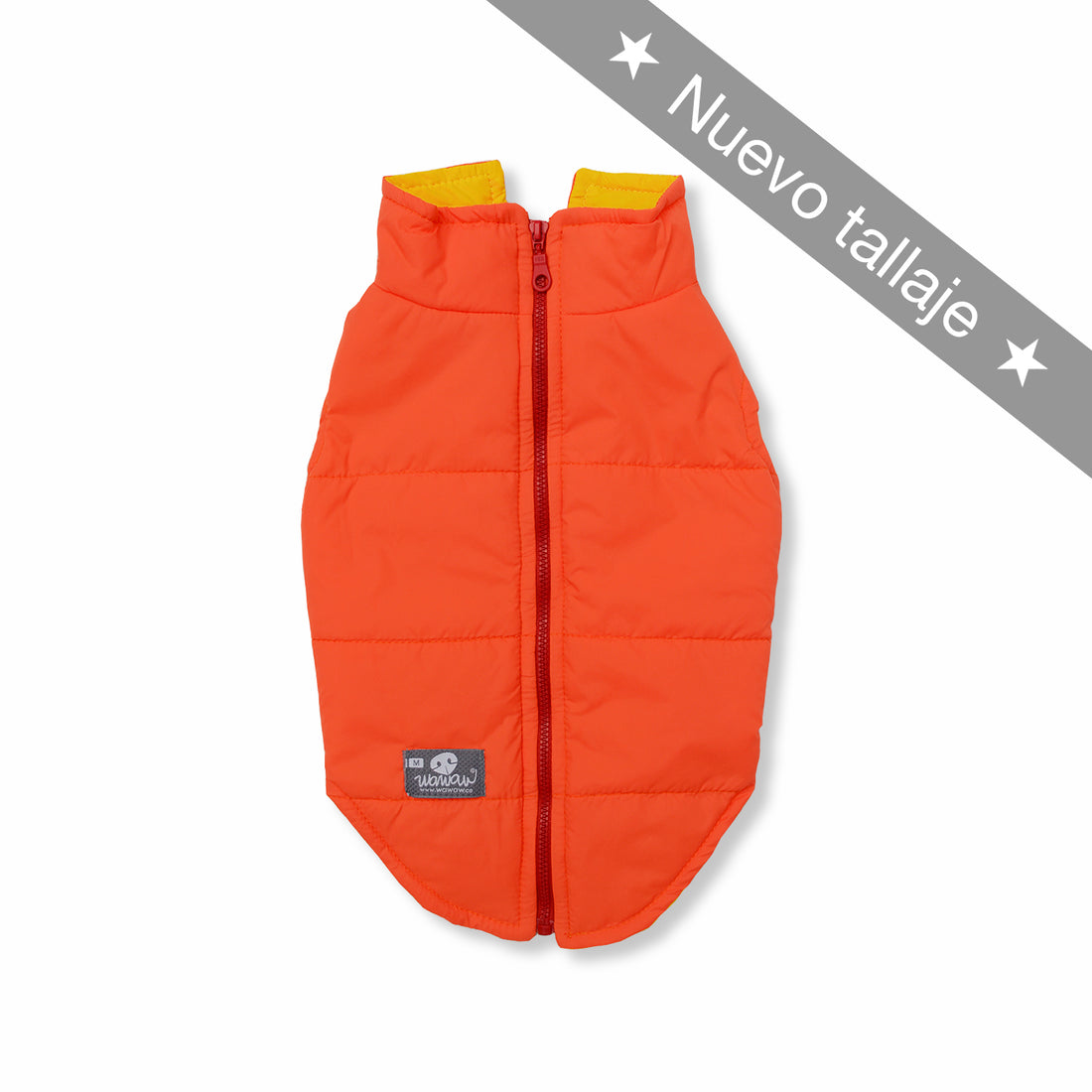 Chaleco naranja forro amarillo cremallera Wawaw para mascotas perros y gatos.