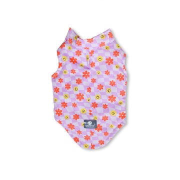 Chaleco cuadros lila, carita y flores
