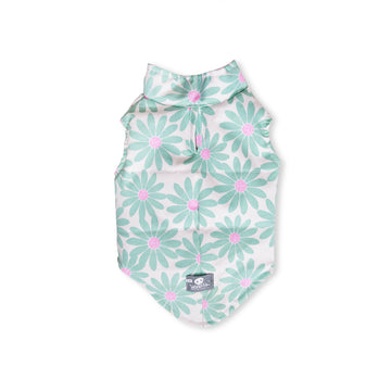 Chaleco dril menta margaritas verde y fucsia