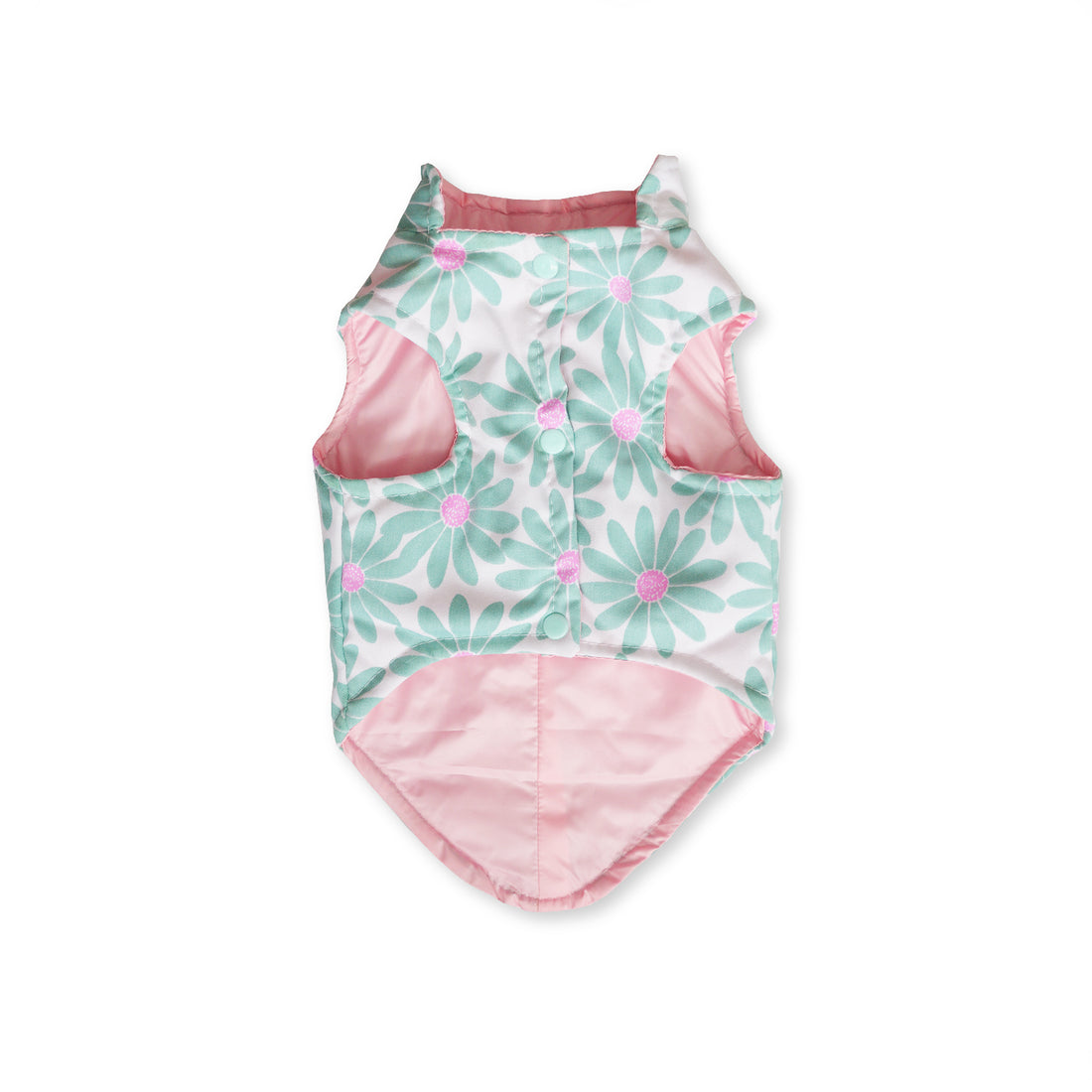 Chaleco dril menta margaritas verde y fucsia