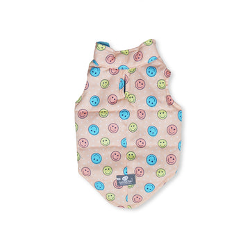 Chaleco dril naranja caritas azul, amarillo y rosa