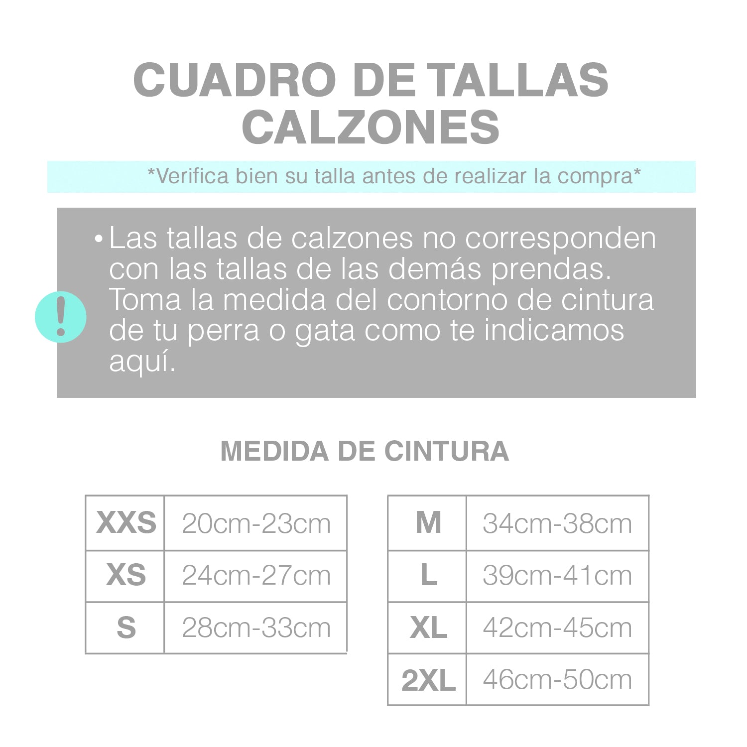 Cuadro de tallas par calzones Wawaw