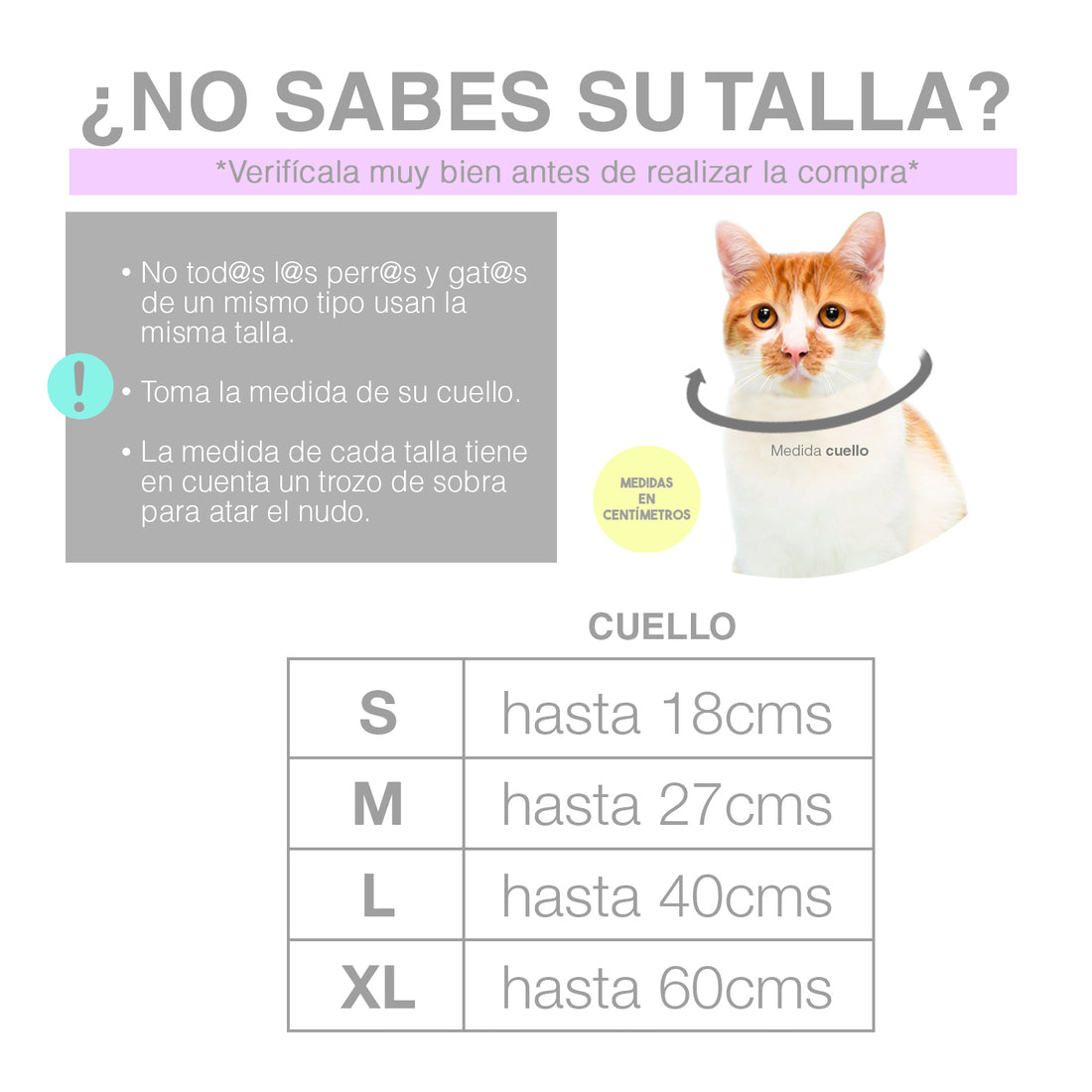 Cuadro de tallas pañoletas para mascotas perros y gatos.