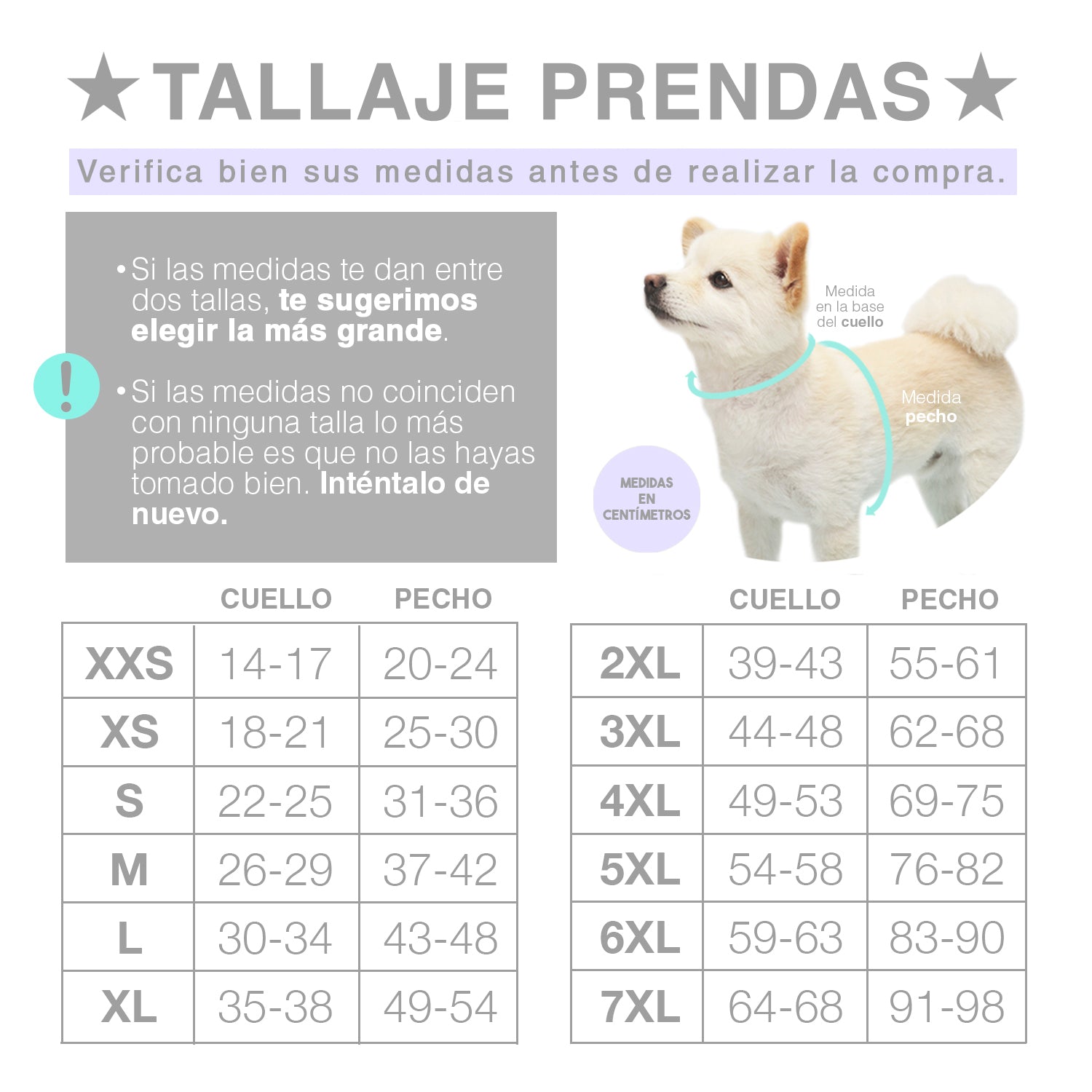 Cuadro de tallas prendas Wawaw