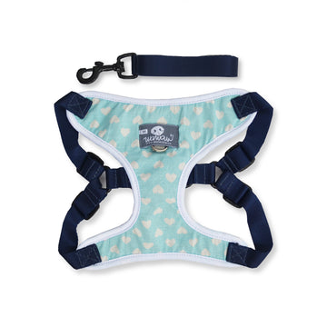 Pechera celeste corazones blancos + traílla