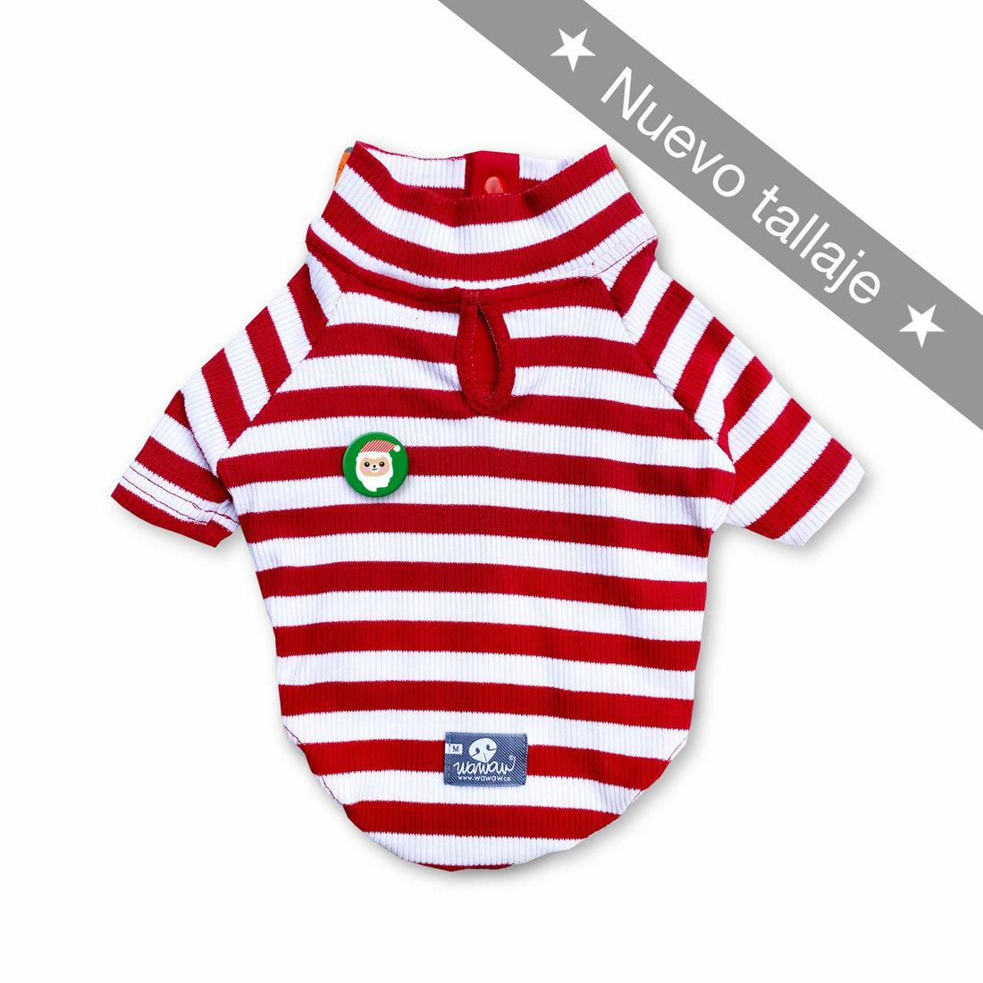 Saco rayas rojo y blanco con botón Wawaw para mascotas perros y gatos.