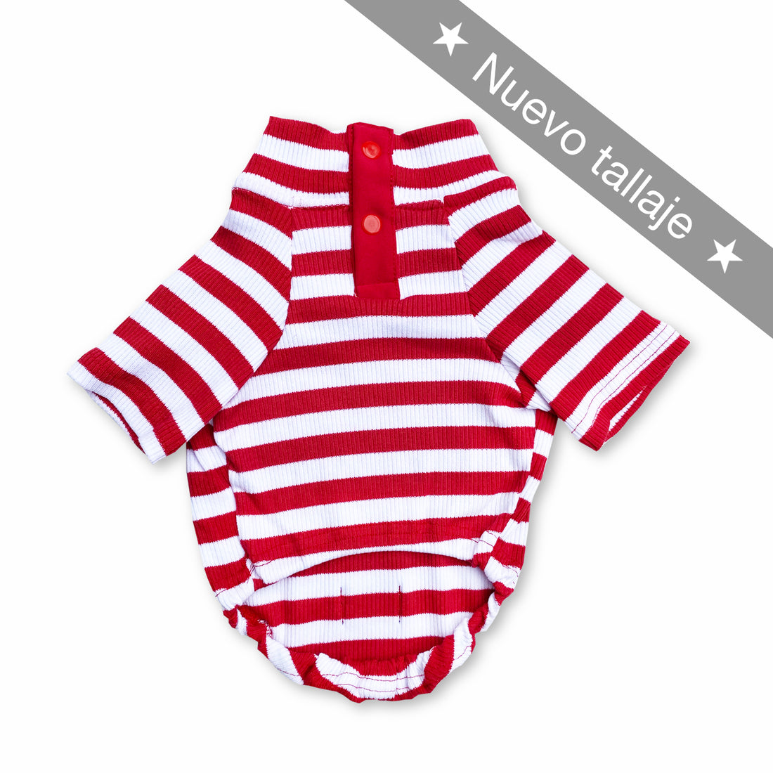 Saco rayas rojo y blanco con botón Wawaw para mascotas perros y gatos.