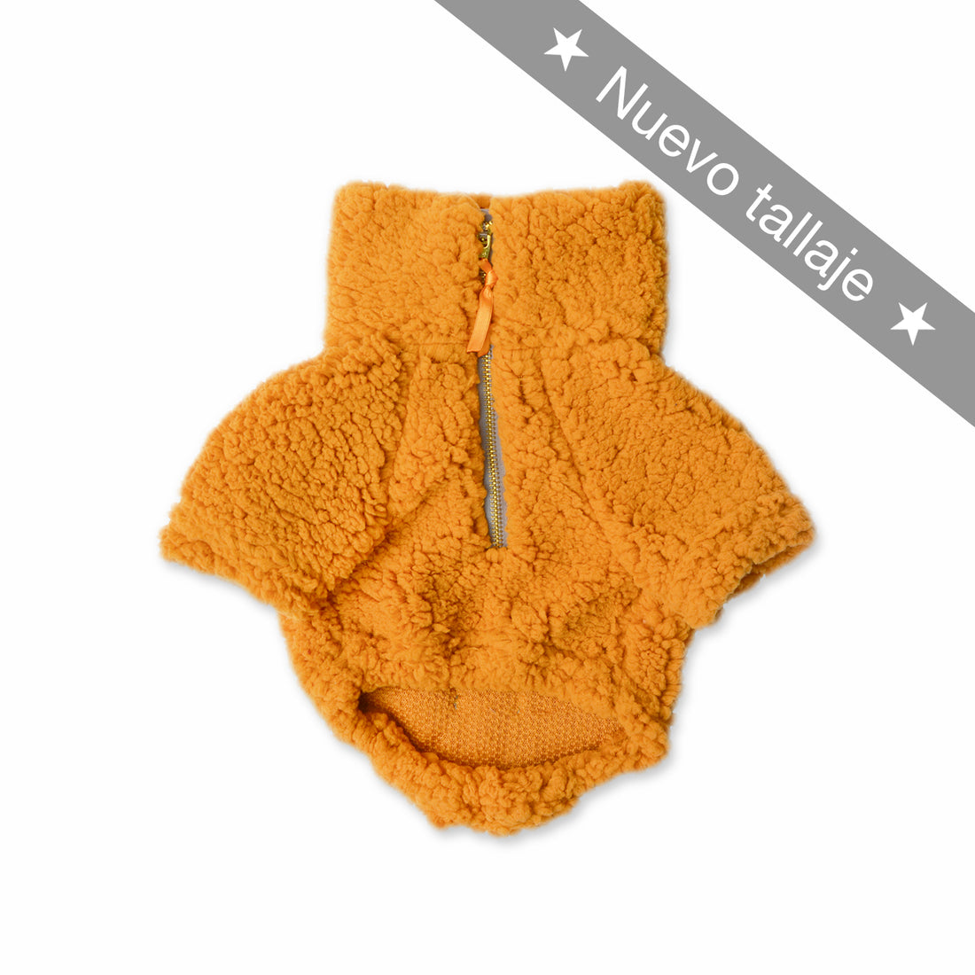 Saco cuello alto borrego mostaza con cremallera Wawaw para mascotas perros y gatos.