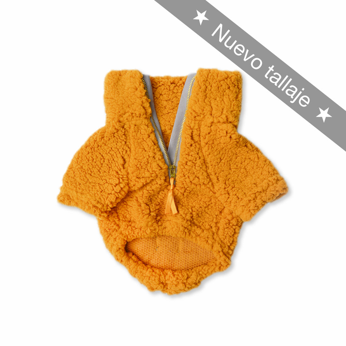 Saco cuello alto borrego mostaza con cremallera Wawaw para mascotas perros y gatos.